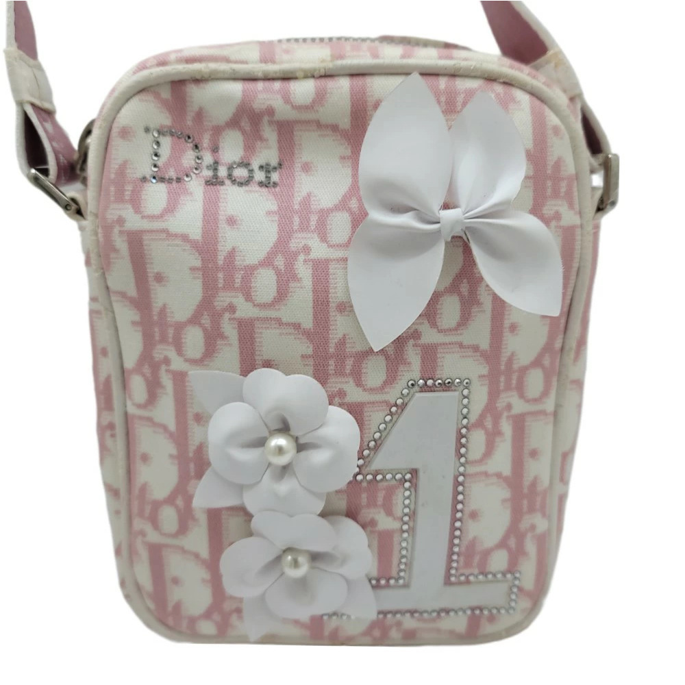 DIOR Trotter Shoulder Bag Canvas Leather Pink White Flower